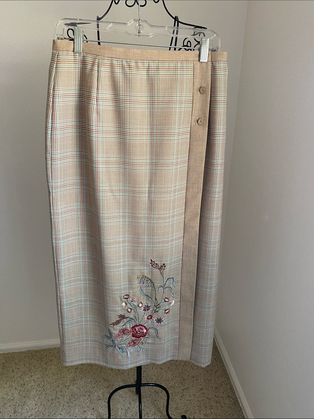 Pendleton Beige Plaid Maxi Skirt with Floral Embroidery